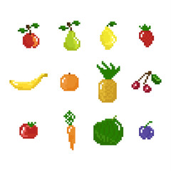 pixel art style fruits, vegetables and berries collection
