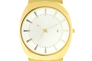 Beautiful wrist watches in gold color on white background