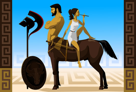 Vector illustration. Centaur and girl playing the flute