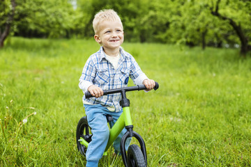 Fototapeta na wymiar Joyful little boy riding learner bike in park 