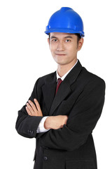 Confident Asian worker in blue safety helmet, isolated on white