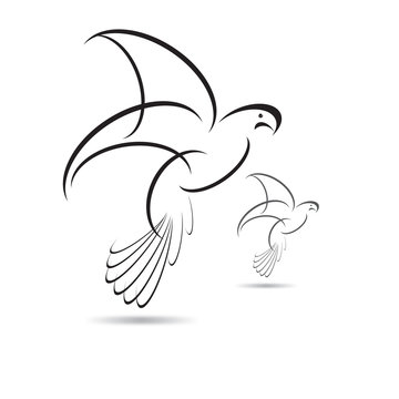 Vector bird Black  isolated with expanded wings on white backgro