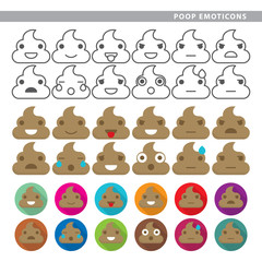 Set of poop emoticons with twelve expressions.