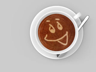 Coffee cup on a saucer with a smiley face drawn in the latte