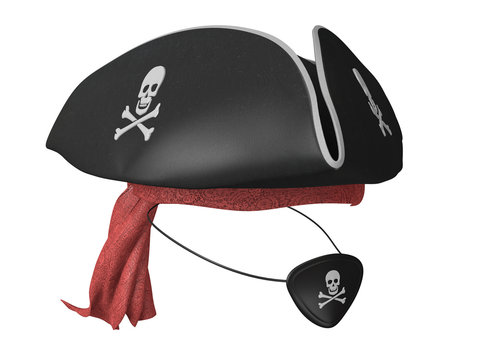 Black pirate hat and eyepatch with skulls and red bandana