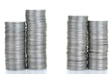 Savings, increasing columns of coins isolated on white background.