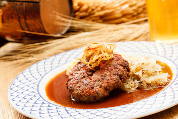 beef cutlet with mashed potatoes and cabbage