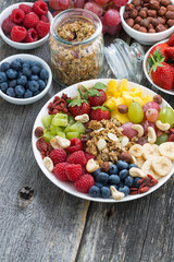 ingredients for a healthy breakfast - berries, fruit and muesli