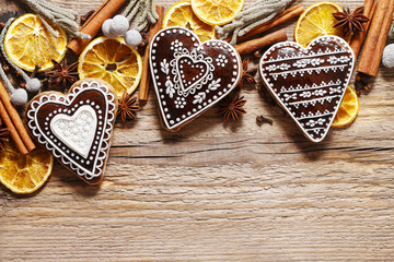 Gingerbread cookies in heart shape,