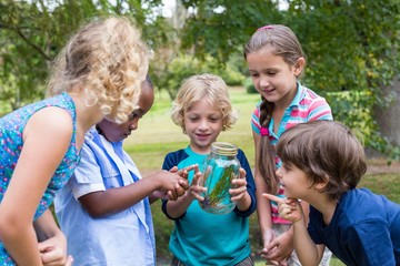 Happy siblings looking at a jar