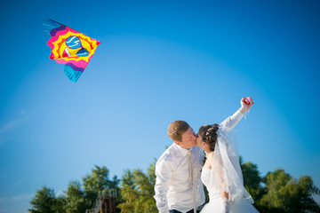 summer wedding. Happy bride and groom in the park
