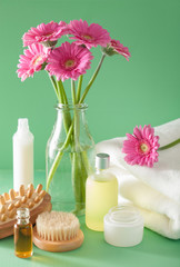 Obraz na płótnie Canvas spa aromatherapy with gerbera flowers essential oil brush