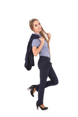 Young successful woman in a business suit on a white background.