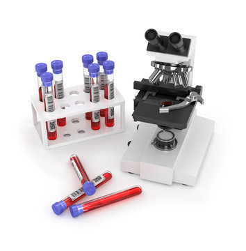 Laboratory work, microscope, test tubes, on a white background