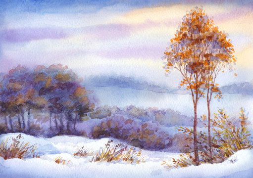 Watercolor winter landscape. Snow-covered valley and trees