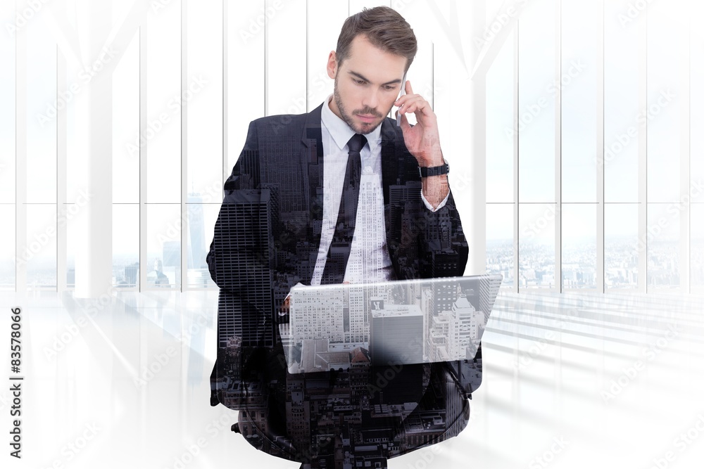 Poster Composite image of businessman using laptop while phoning