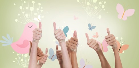 Composite image of thumbs raised and hands up 