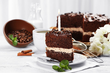 Delicious chocolate cake on table on light background
