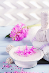 Fototapeta na wymiar Beautiful spa composition with hyacinth flowers, close up