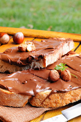 Bread with chocolate cream and hazelnuts outdoor vertical compos
