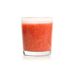 Glass with strawberry and banana smoothie isolated on white back
