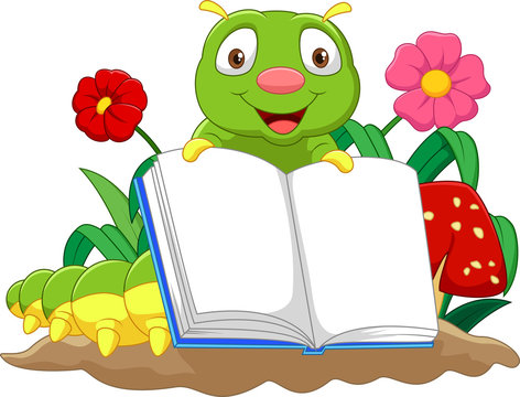 Cartoon cute caterpillar holding book 