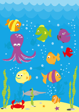 Underwater scene with cartoon fish, crab, octopus and waves
