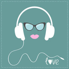 Obraz na płótnie Canvas White headphones cord Sunglasses pink lips Flat 