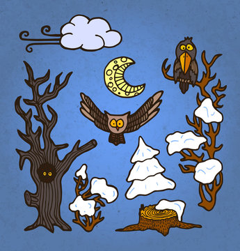 vector illustration set of hand drawn trees and birds
