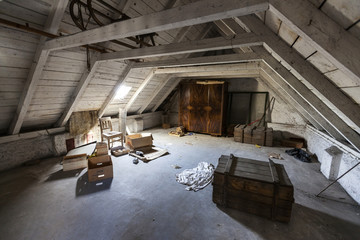 Old attic with hidden secrets of an abandoned house - obrazy, fototapety, plakaty