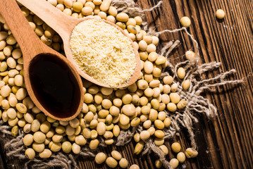 Soy sauce  on a wooden background. rustic style © ksu_ok