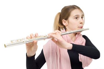 Young Flute Player Performing Indoors Against White Background © likstudio