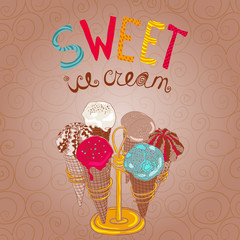 Template for design with hand drawn ice cream typography poster