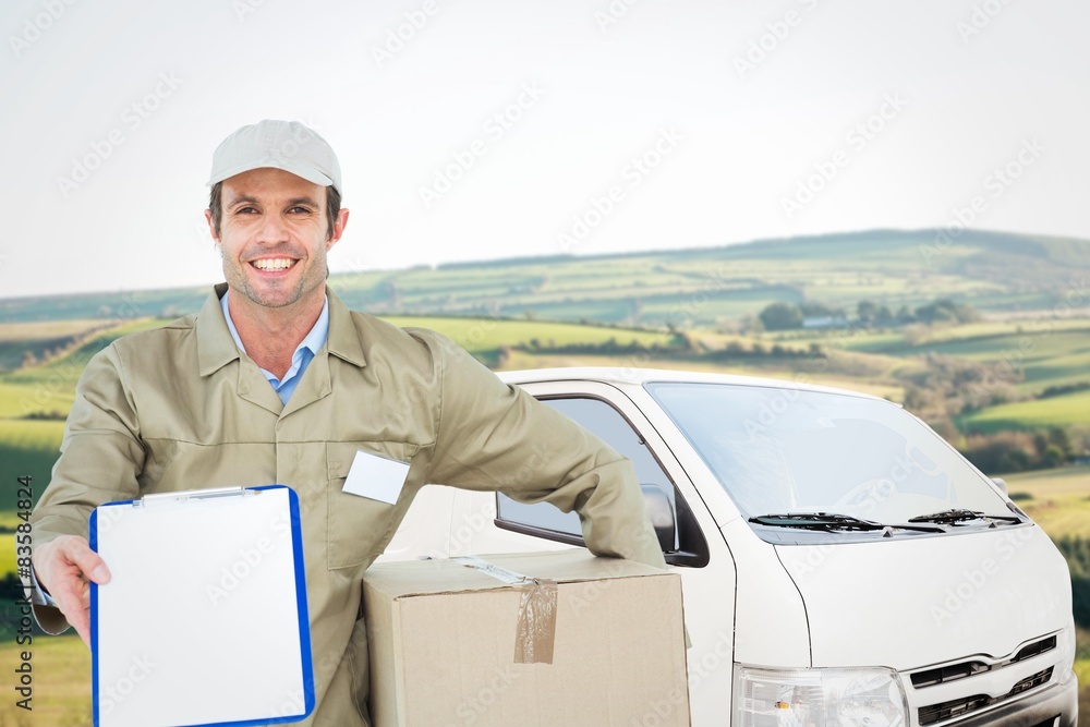 Poster Composite image of happy delivery man with box showing clipboard