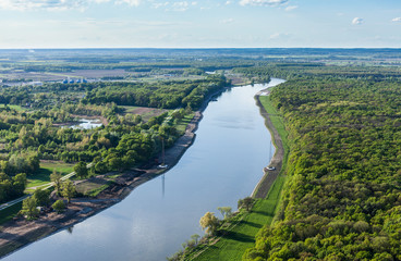 Fototapeta na wymiar aerial view of fields and odra river near Wroclaw city