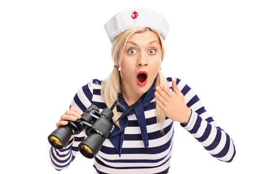 Surprised Female Sailor Holding Binoculars