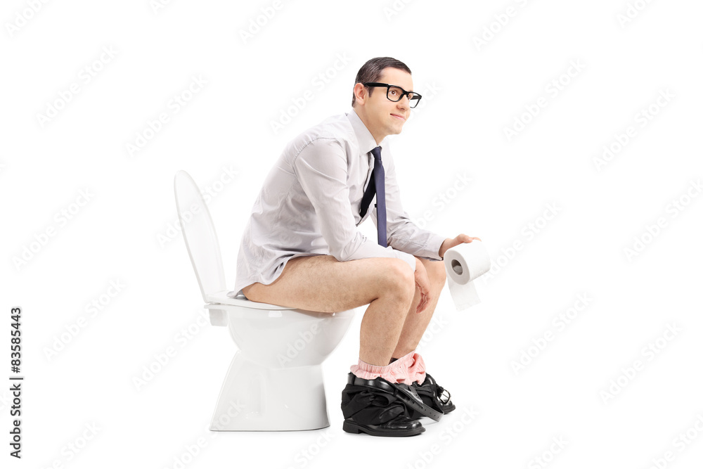 Sticker young man sitting on a toilet