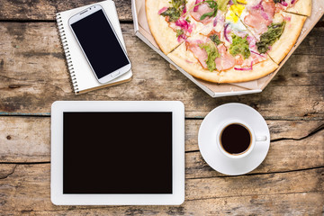 Remote workplace coffee break. Fast pizza delivery concept