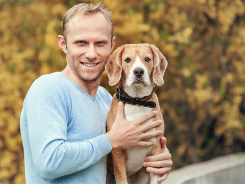 Man with favorit beagle dog pet handsome portrait