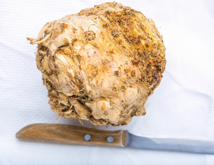 Celery root and a kitchen knife