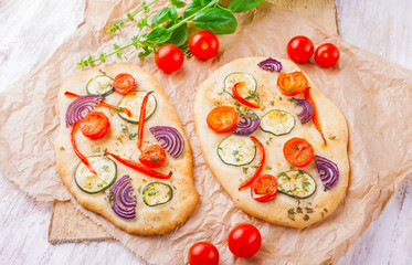 Focaccia, small homemade vegetarian pizza