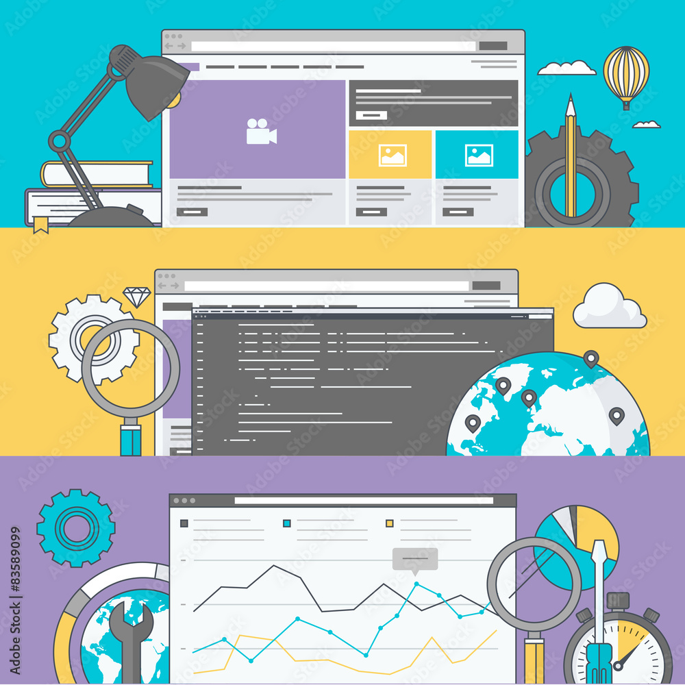 Poster set of color line banners for web design and development