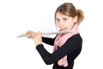 Studio Shot of Smiling Girl Playing Flute Isolated on White