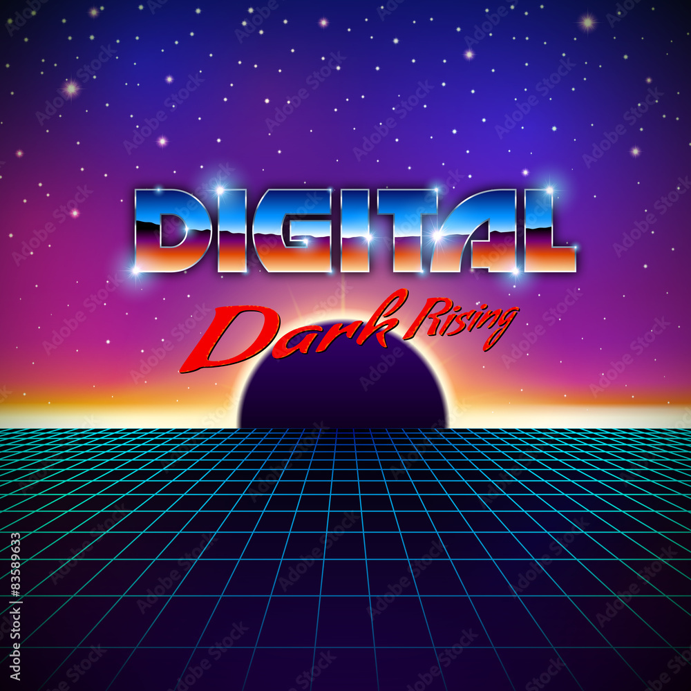 Poster retro styled futuristic landscape with lettering and shiny grid