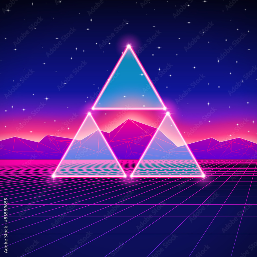 Aufkleber retro styled futuristic landscape with triangles and shiny grid
