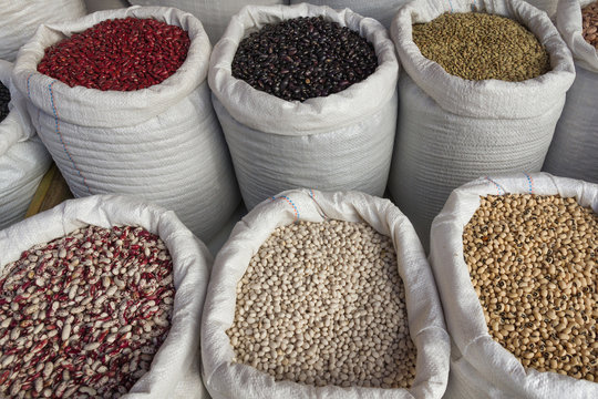 Sacks with Legumes Beans Market 