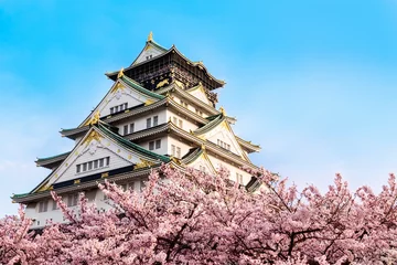 Abwaschbare Fototapete Blauer Himmel Osaka-Schloss mit Kirschblüte. Japan, April, Frühling.