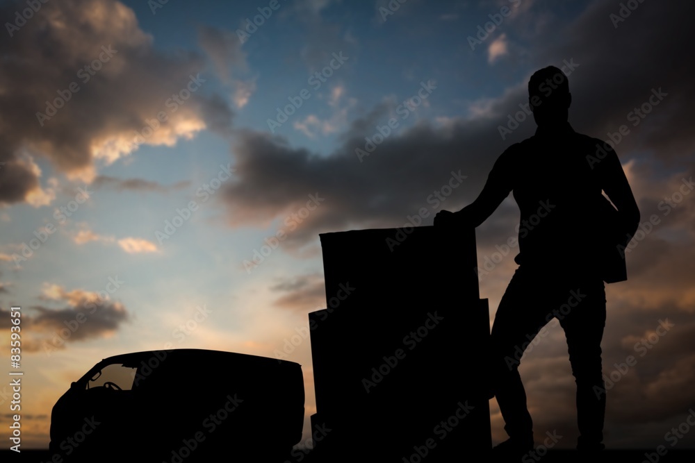 Poster composite image of courier man with cardboard boxes