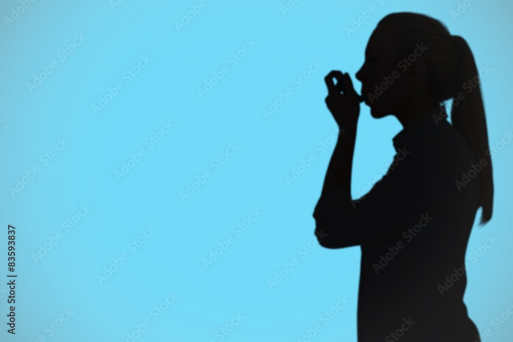 Poster composite image of beautiful blonde using an asthma inhaler