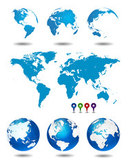 World map with earth globes, editable vector.